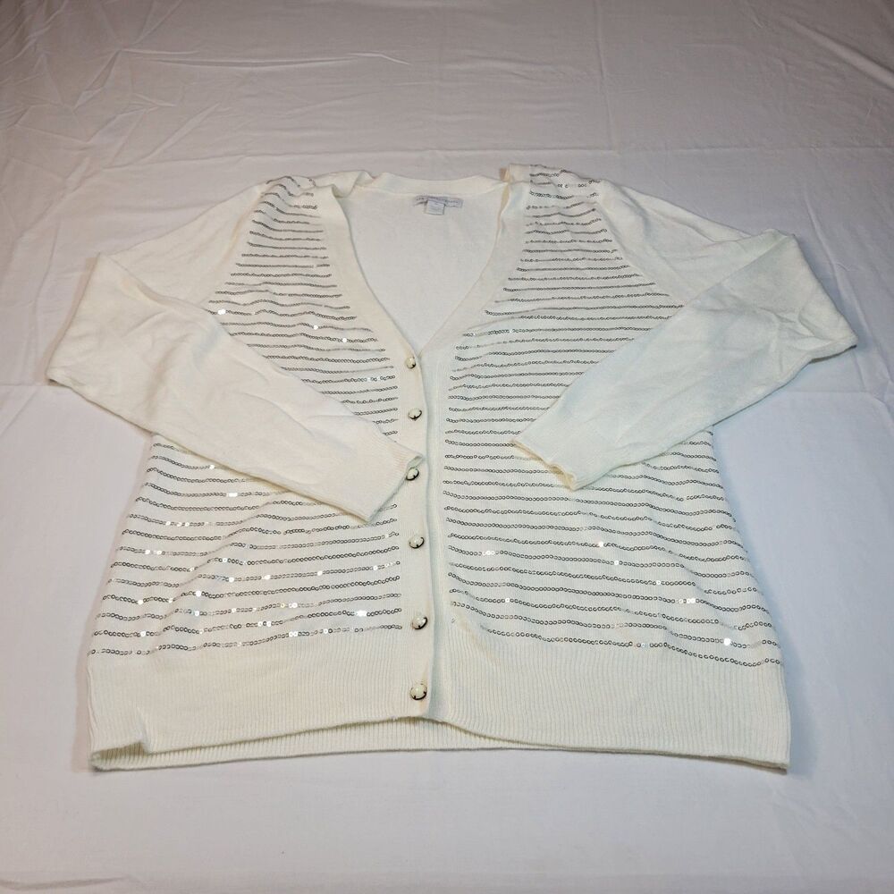 New York & Company Womens Medium Sequin Cardigan Sweater Ivory Cream Button Up M